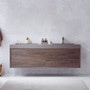 72 inch wall-mounted double sink bath vanity in North Carolina oak with grey composite integral square sink top and brushed gold hardware