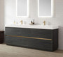 84 inch double sink bathroom vanity in black oak with white composite integral square sink top and brushed gold hardware