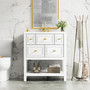 30 inch solid wood bathroom vanity with golden handles, 4 drawers, pull-out drawer, open shelf, and embedded resin sink