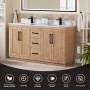 Altair Floral 60" Double Bathroom Vanity in Light Brown with Calacatta White Quartz Countertop