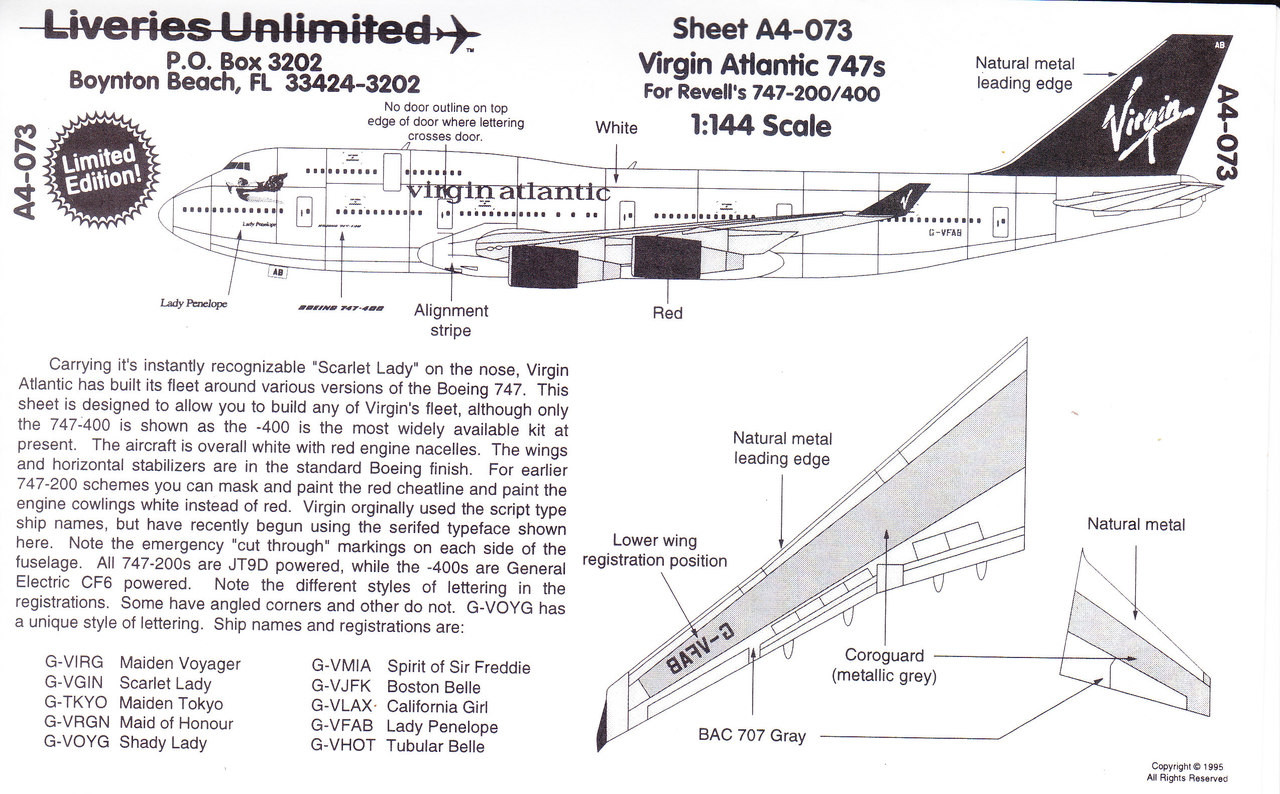 1/144 Scale Decal Virgin Atlantic 747-200 / 400