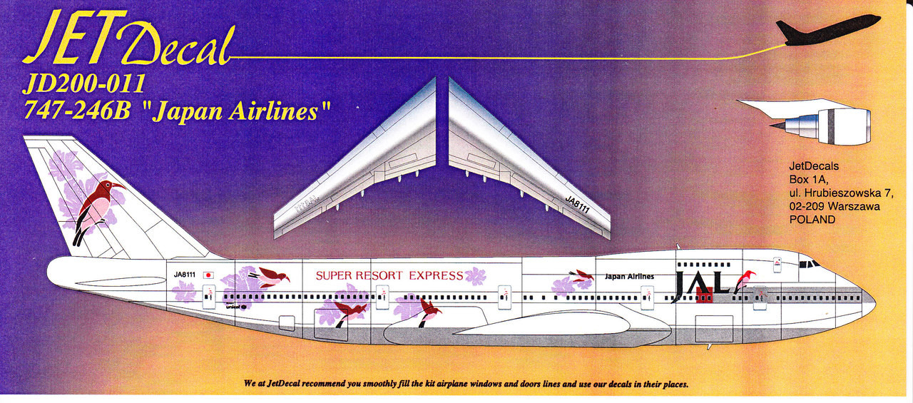 レア JAPAN AIR LINES B747-300 1:200 1/200 Scale Decal Japan Airlines 747-200