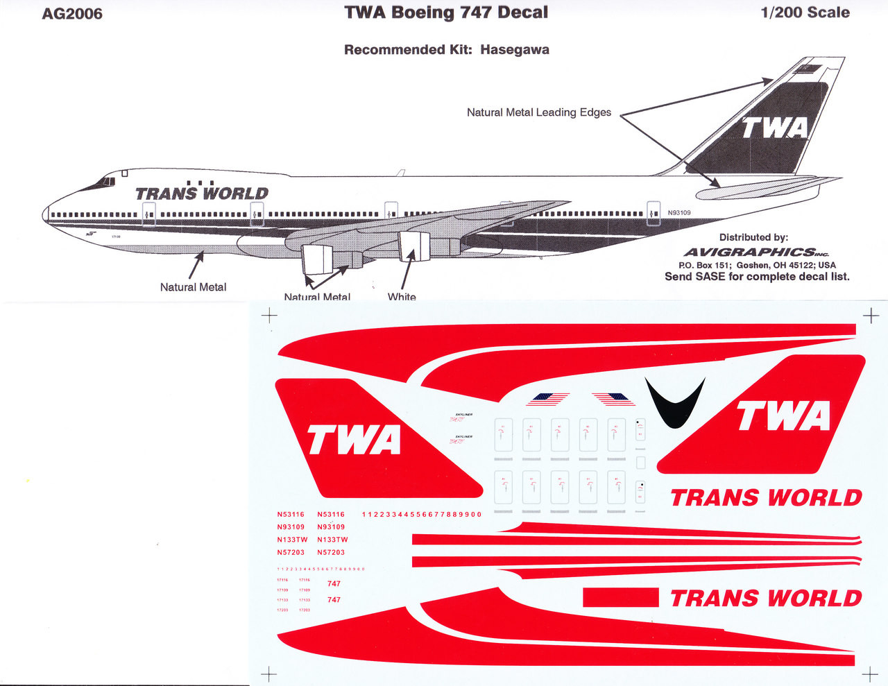 1/200 Scale Decal TWA 747