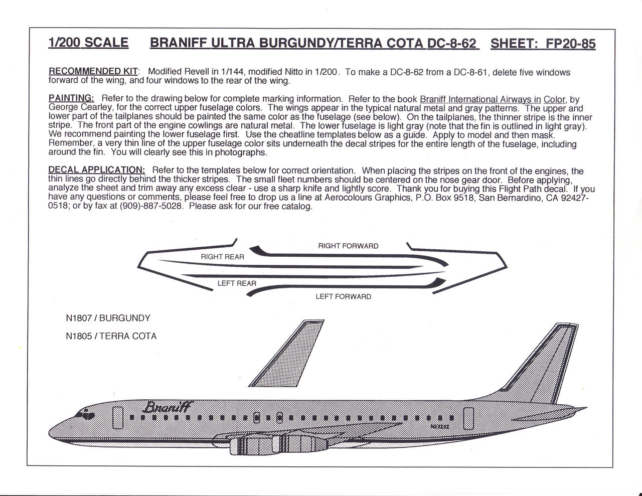 1/200 Scale Decal Braniff Ultra DC8-62 BURGUNDY / TERRA COTA