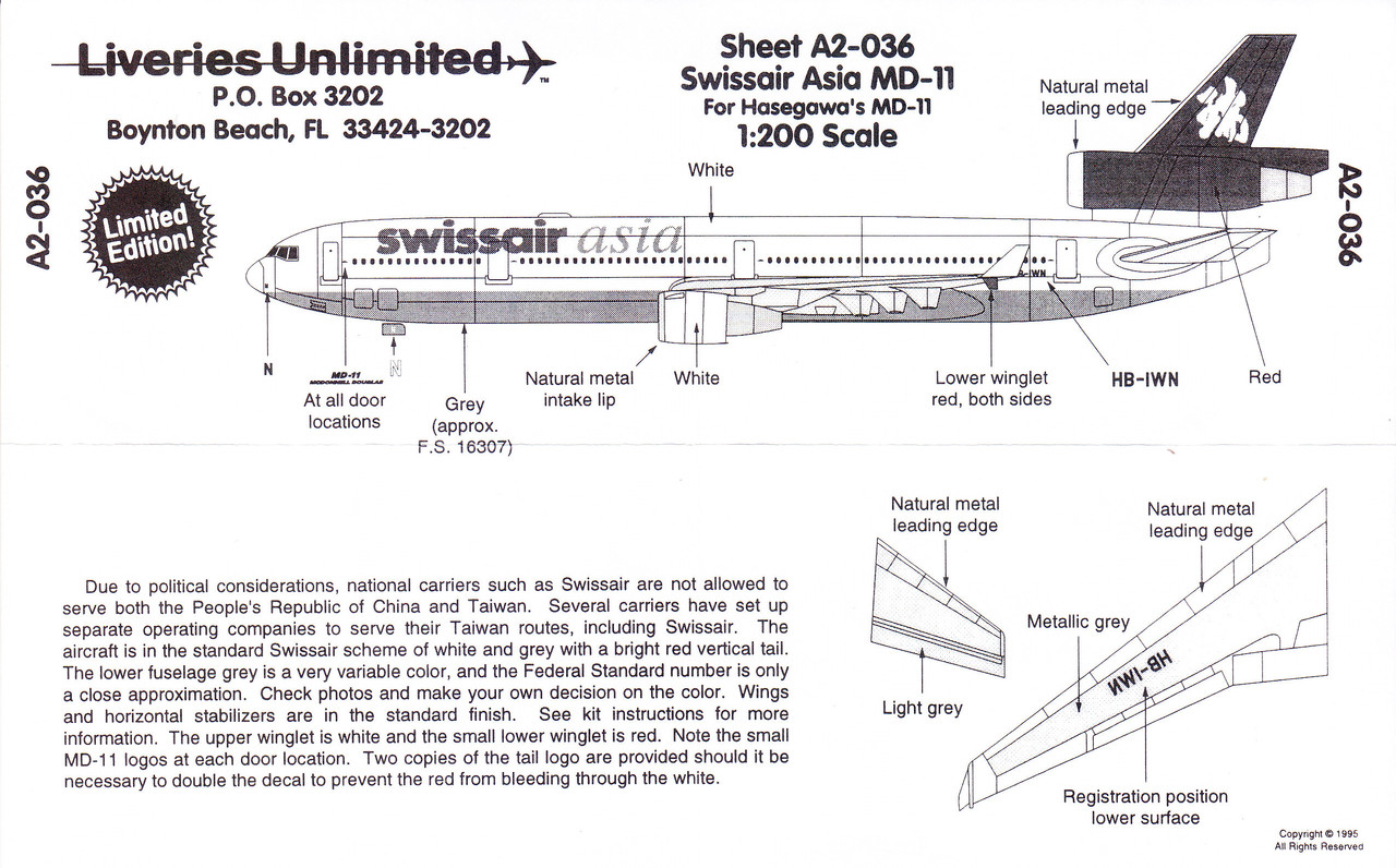 1/200 Scale Decal Swissair Asia MD-11 - JoyDecals.com