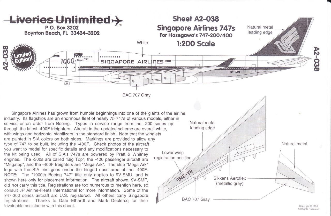 1/200 Scale Decal Singapore Airlines 747-200 / 400 1000th 747