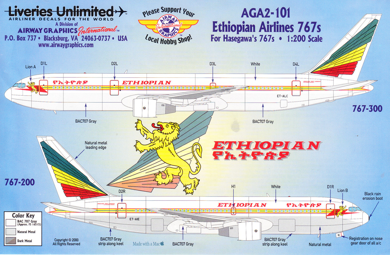 1/200 Scale Decal Ethiopian Airlines 767 - JoyDecals.com