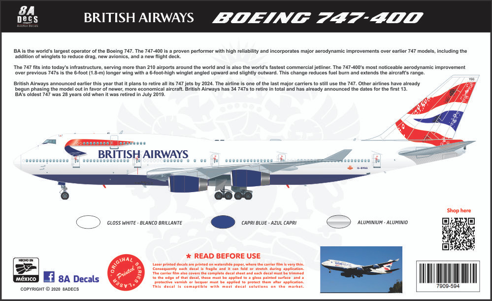 BRITISH ASIA AIRWAYS BOEING747-400 1/400 1/144 Scale Decal British