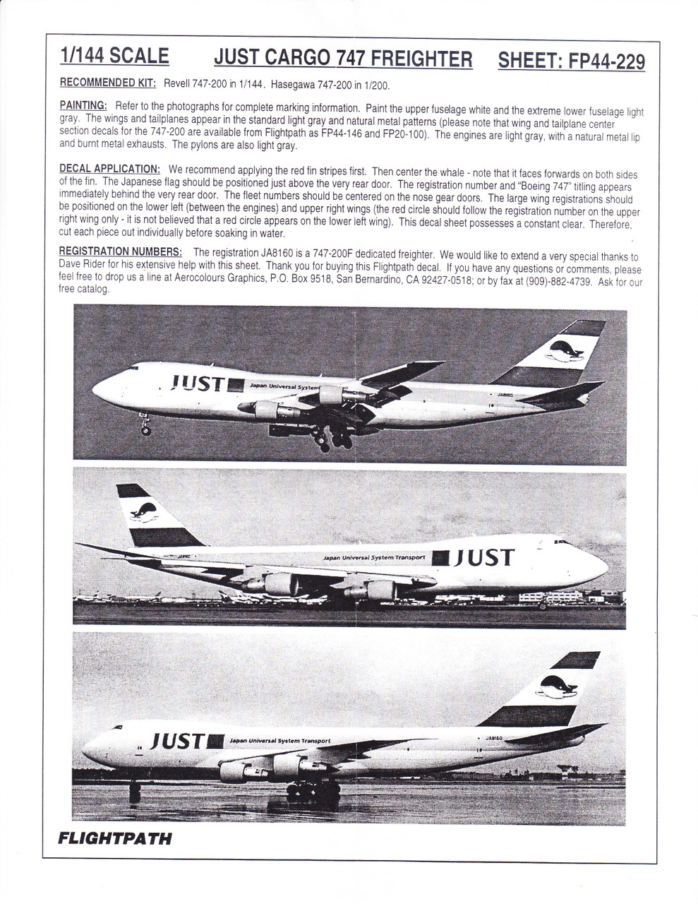 1/144 Scale Decal Just Cargo 747-200F