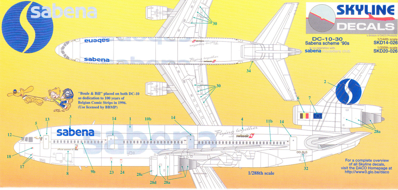 1/144 Scale Decal Sabena DC10-30.
