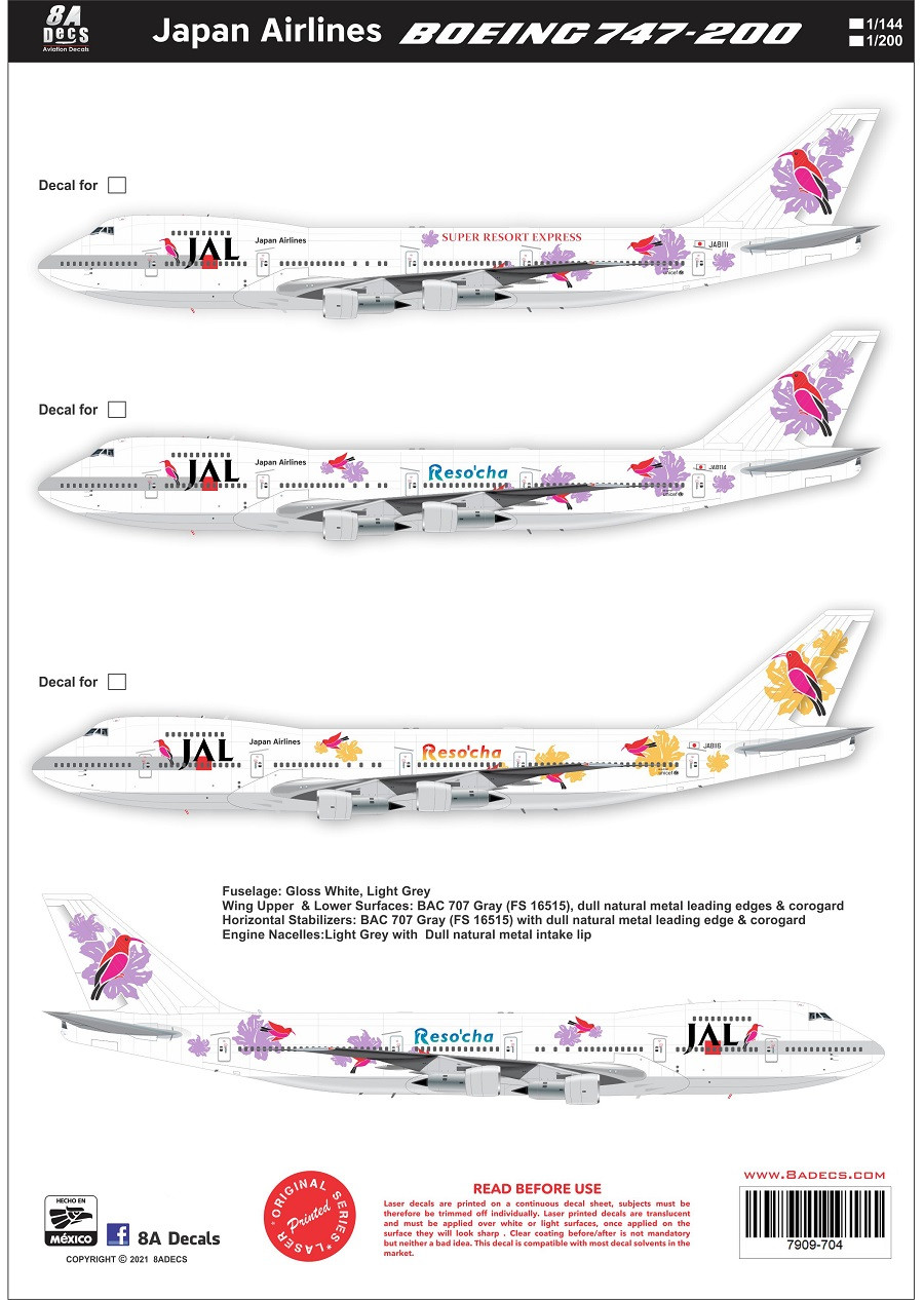 1/144 Scale Decal JAL - Japan Air Lines 747-200 Resocha YELLOW