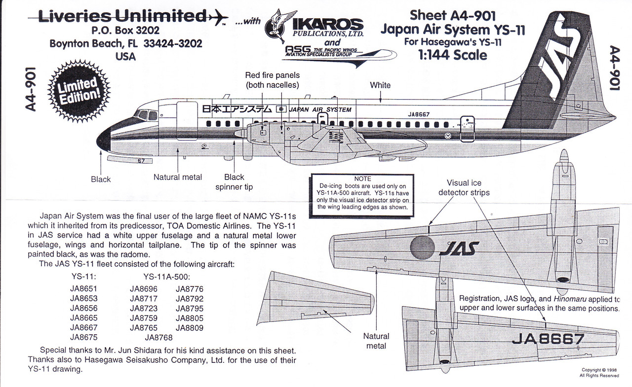 1/144 Scale Decal JAS - Japan Air Systems YS-11