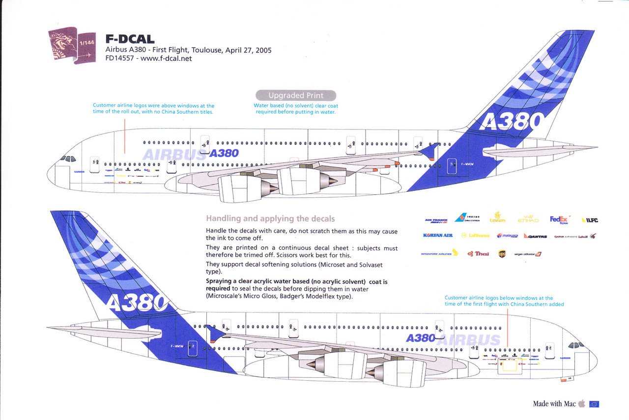 A380 1/80 1/100 1/144スケール未塗装品 1/144 Scale Decal Airbus A