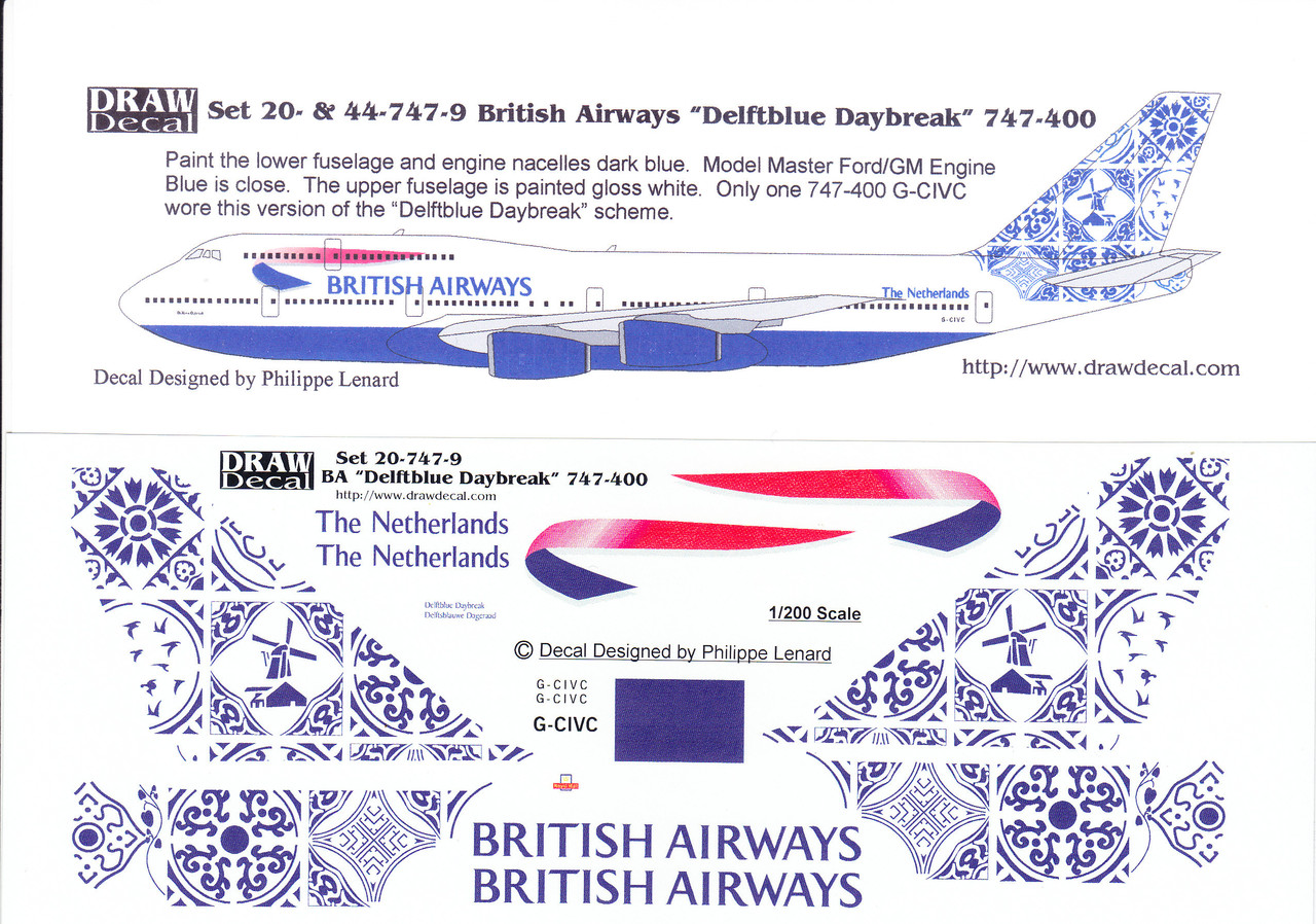 1/200 Scale Decal British Airways 747-400 Delftblue Daybreak