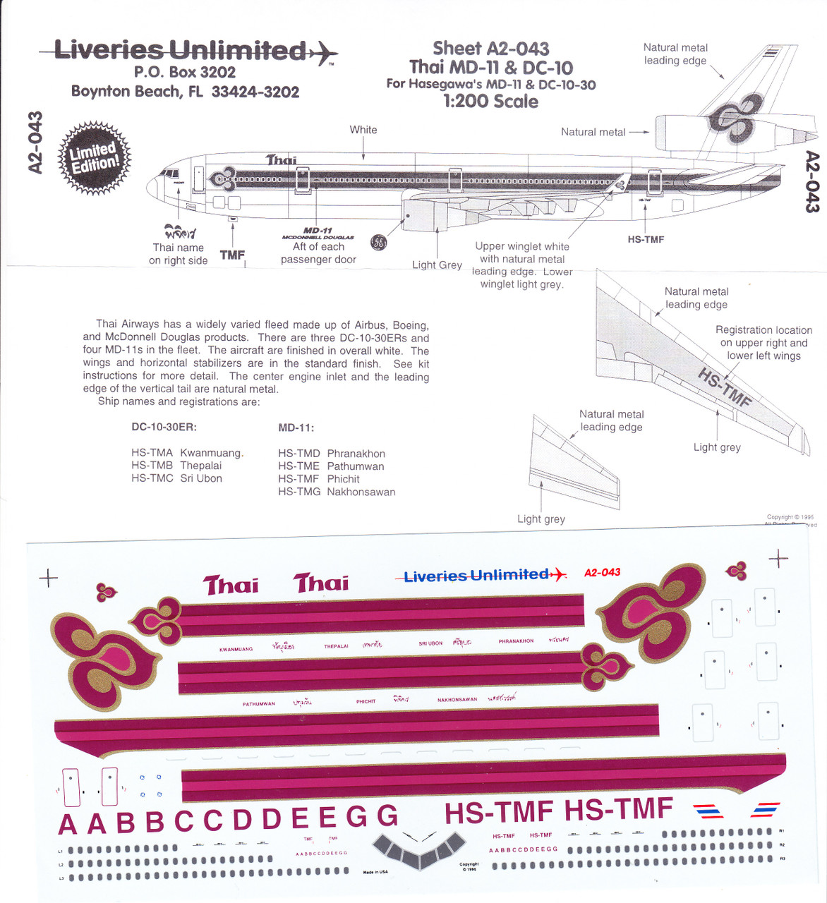 1/200 Scale Decal Thai Airways MD-11 / DC-10