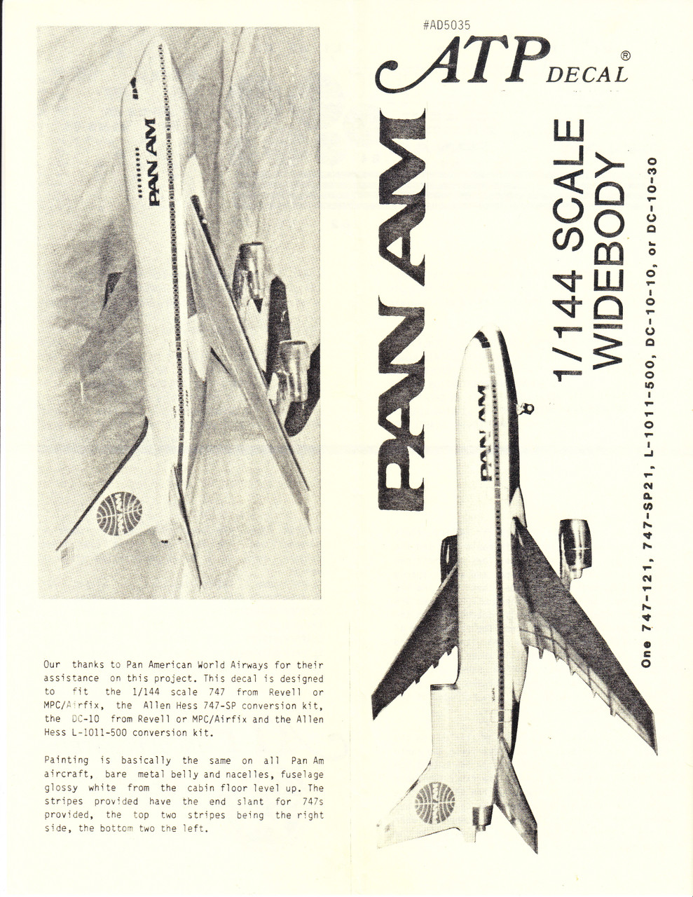 1/144 Scale Decal Pan Am 747-100 / SP / L-1011 / DC-10