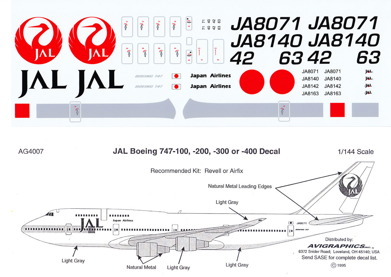 1/144 Scale Decal JAL 747-100 thru 400