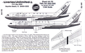 1/144 Scale Decal TWA 767-200 / 300 Last Livery