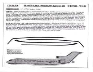 1/100 Scale Decal Braniff International 727-200 ULTRA LIME OR BLUE
