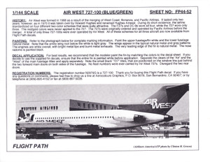 1/144 Scale Decal Air West 727-100 BLUE / GREEN