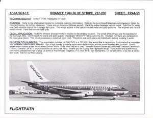 1/144 Scale Decal Braniff 737-200 BLUE STRIPE