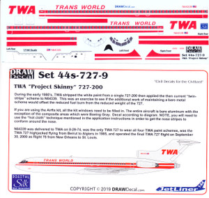 1/144 Scale Decal TWA 727-200 Project Skinny