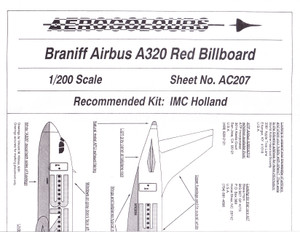 1/200 Scale Decal Braniff A-320 RED Billboard