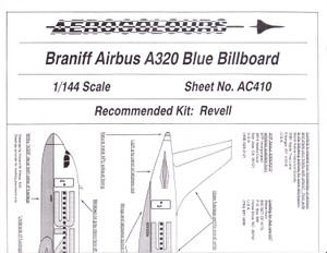 1/144 Scale Decal Braniff A-320 BLUE Billboard