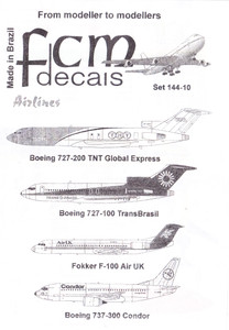1/144 Scale Decal TNT 727-200 / Trans Brasil 727-100 / AirUK F-100 / Condor 737-300