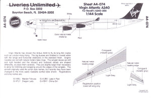 1/144 Scale Decal Virgin Atlantic A-340