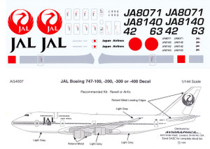 1/144 Scale Decal JAL 747-100 thru 400