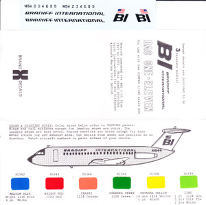 1/144 Scale Decal Braniff International BAC-111 with actual color samples 3 Sheets