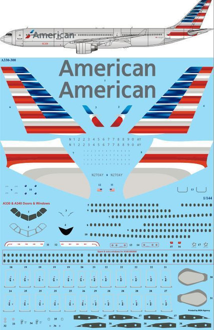 1/144 Scale Decal American Airbus A330-300