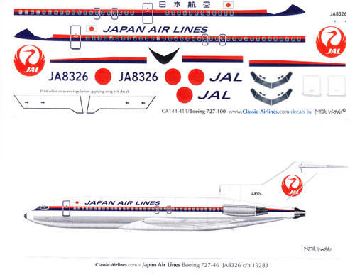 1/144 Scale Decal JAL-Japan Air Lines 727-100