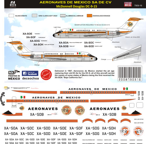 1/144 Scale Decal Aeronaves de Mexico DC-9 1960