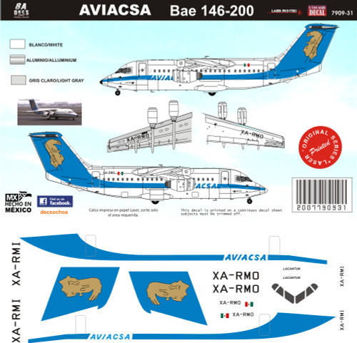 1/144 Scale Decal Aviacsa BAE146-200 90's