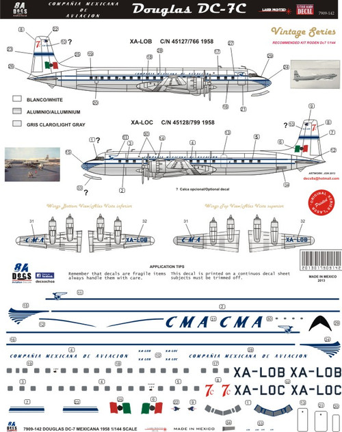 1/144 Scale Decal CMA Compania Mexicana de Aviacion DC-7