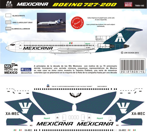 1/144 Scale Decal Mexicana 727-200 Nayarit