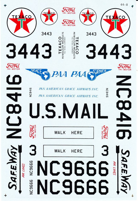 1/72 Scale Decal Ford Trimotor Texaco / Pan American Grace / Safeway / US Mail