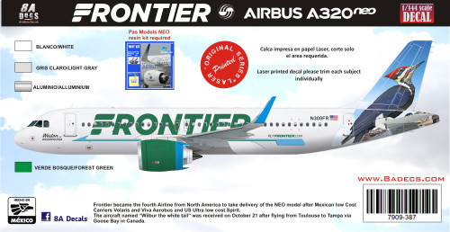 1/144 Scale Decal Frontier A-320 NEO Wilbur the Woodpecker