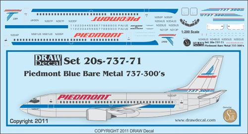 1/200 Scale Decal Piedmont 737-300 Bare Metal