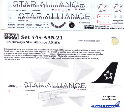 1/144 Scale Decal US Airways A-319 STAR ALLIANCE