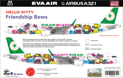 1/144 Scale Decal Eva Air A-321 Hello Kitty Friendship Bows