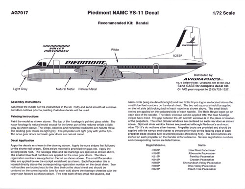 1/72 Scale Decal Piedmont YS-11