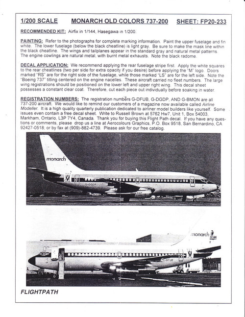 1/200 Scale Decal Monarch Airlines 737-200