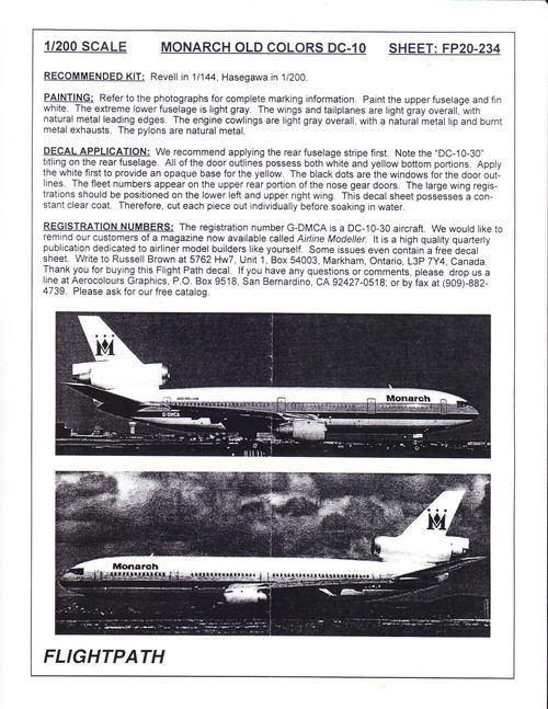 1/200 Scale Decal Monarch Airlines DC10-30