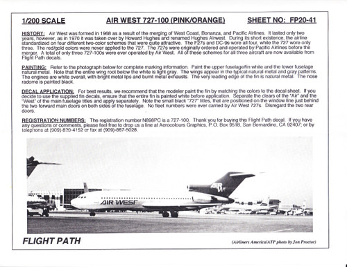 1/200 Scale Decal Air West 727-100 PINK / ORANGE