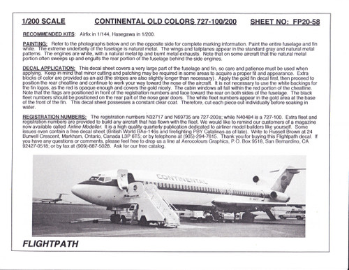 1/200 Scale Decal Continental Airlines 727-100 / 200