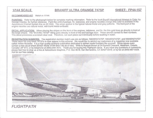 1/144 Scale Decal Braniff 747-SP Ultra Orange