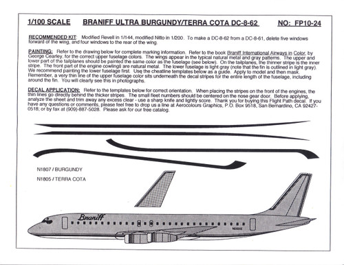 1/100 Scale Decal Braniff DC8-62 ULTRA LIGHT BLUE